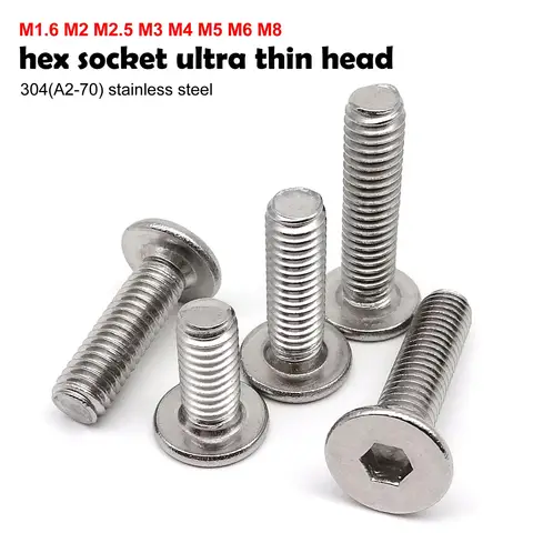 5/10/50pcs M1.6 M2 M2.5 M3 M4 M5 M6 M8 A2 304 Stainless Steel Hex Hexagon Socket Ultra Thin Low Flat Wafer Allen Head Screw Bolt