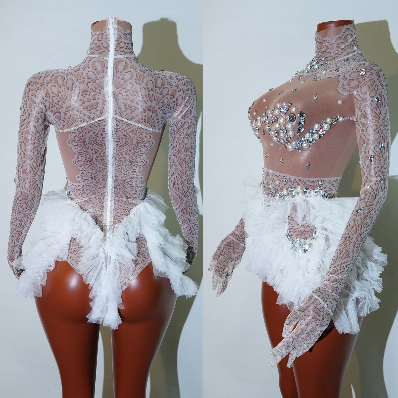 

Sparkly Rhinestones Bodysuit Women Elastic Mesh Ruffles Crystal Leotard NightclubDancer Costume Stage Wear Party Bar song Outfit