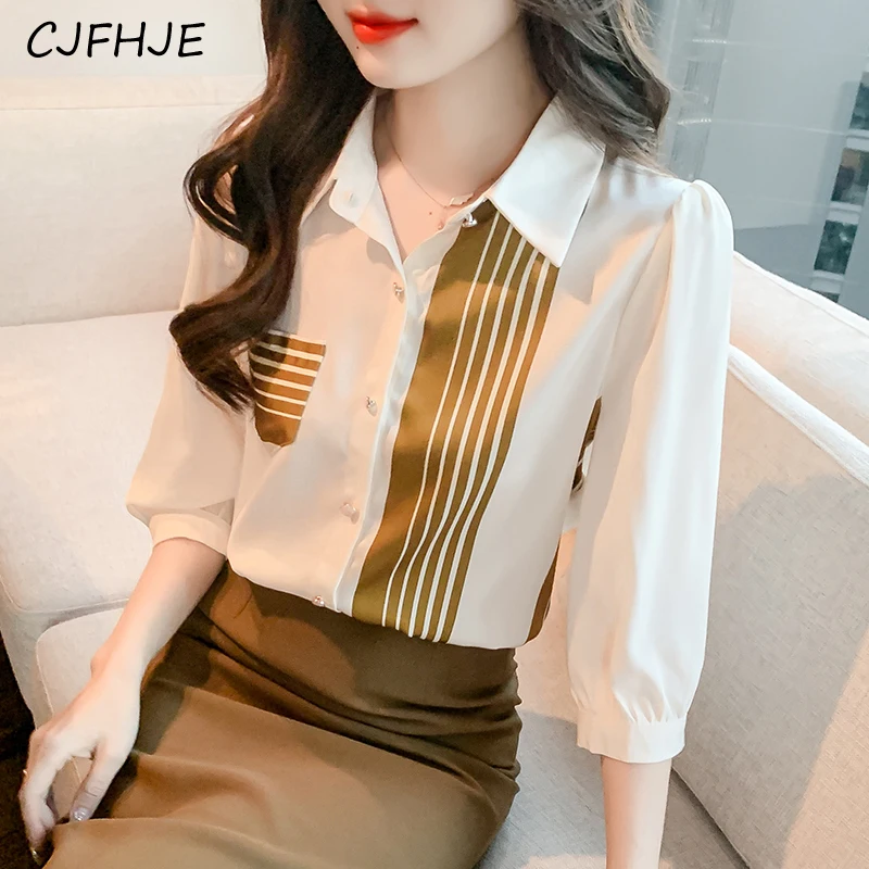 Cjfhje Lente Nieuwe Elegante Dames Polo Hals 3/4 Mouw Shirt Franse Stijl Woon-Werkverkeer Mode Vrouwen Veelzijdige Abrikozen Shirt Top