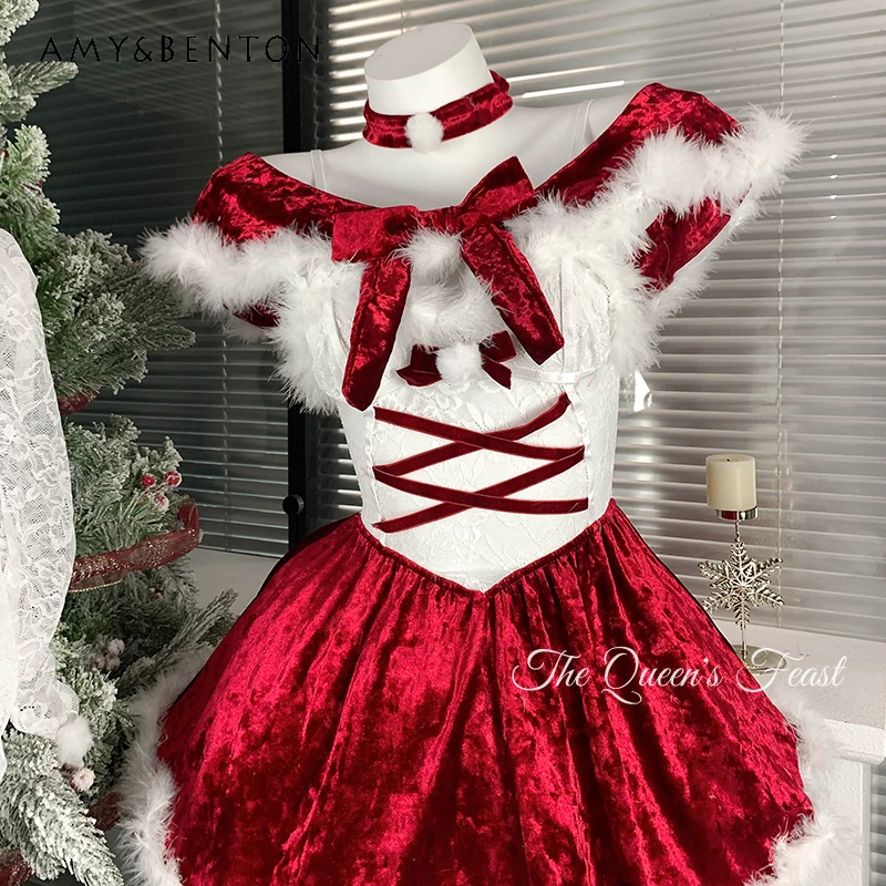 

2025 Winter New Christmas Women's Clothing Sexy Hot Girl Red Velvet Furry Splicing Outfit Couple Date Cute Sling Dresses Ladies