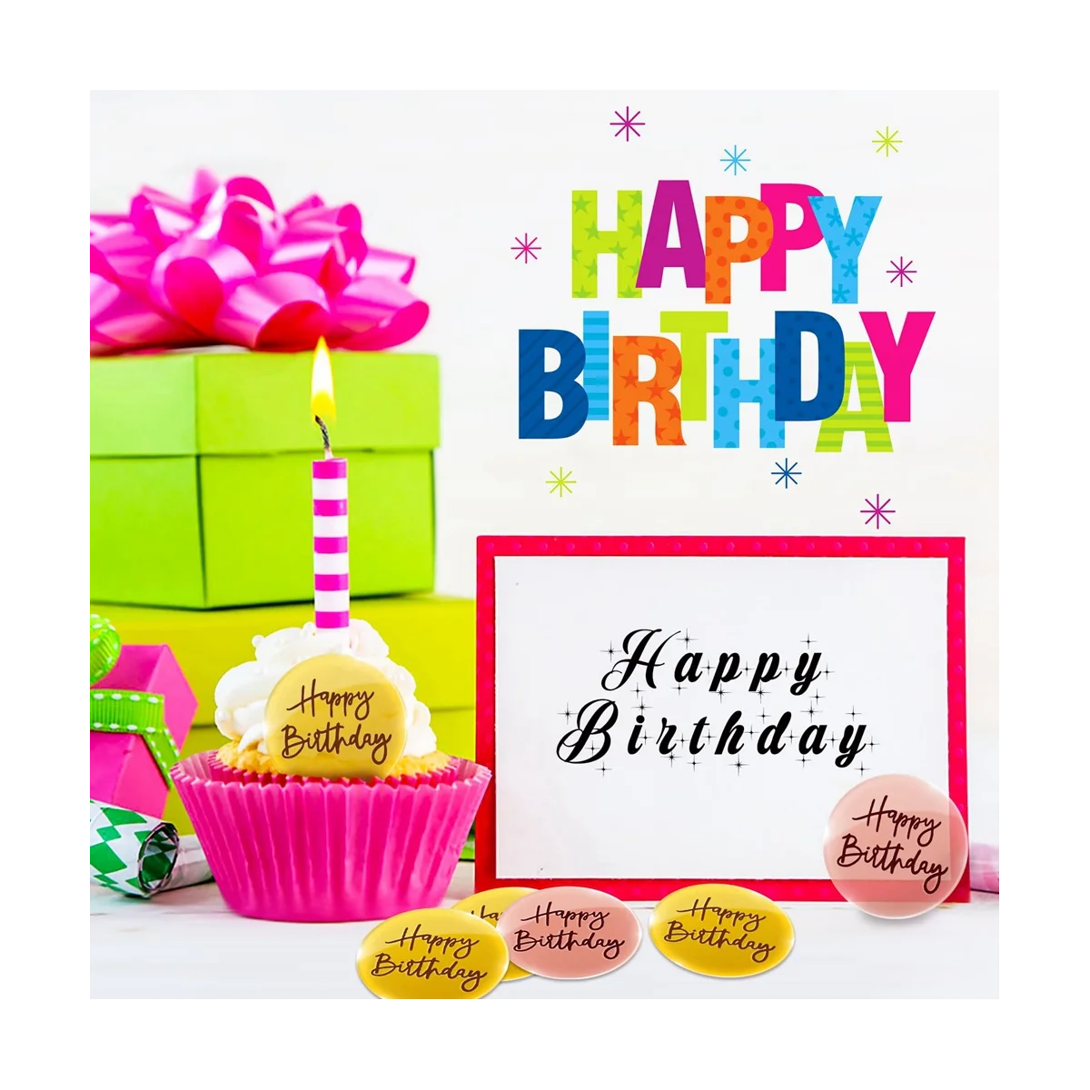 Toppers de gâteau en acrylique joyeux anniversaire, mini disque rond gravé, décoration de gâteau Chi bricolage, miroir, 24 pièces