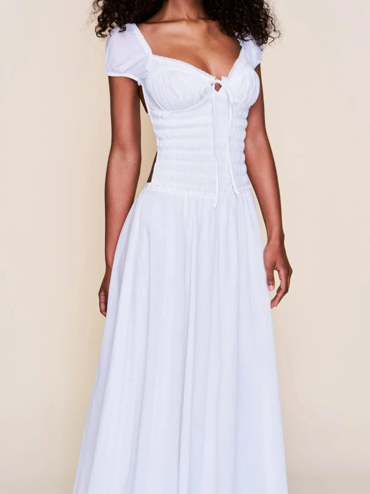 

Французское шикарное винтажное белое платье макси с открытой спиной, вискоза, рюшами на талии, завязками на талии, кружевными пышными рукавами, сексуальные летние пляжные женские платья для отдыха