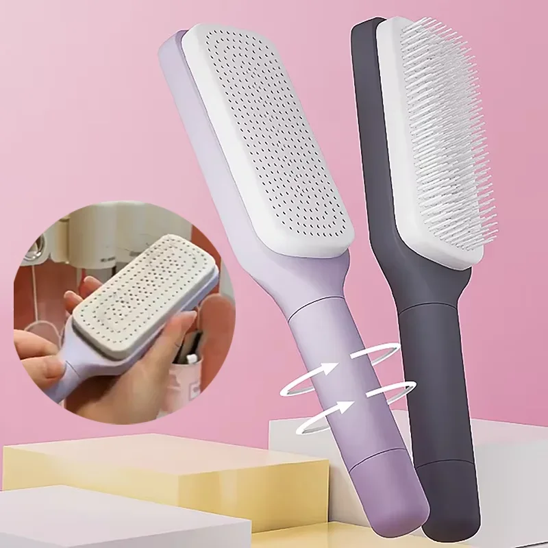 Automatic Cleaning Rotating Lifting Comb Self Cleaning Hairbrush Rotating Retractable Anti Static Massage Comb Scalp Hair Comb