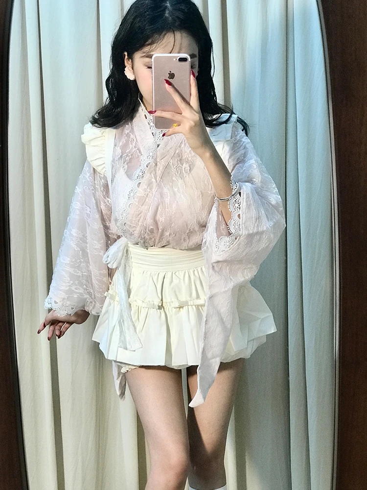 Japanisches SLE-Maidsuit-Set, hohe Taille, Overall, lange Swe-Spitze, weiches süßes Top, Bot, zweiteiliges Set für Damen, Herbst, Faion