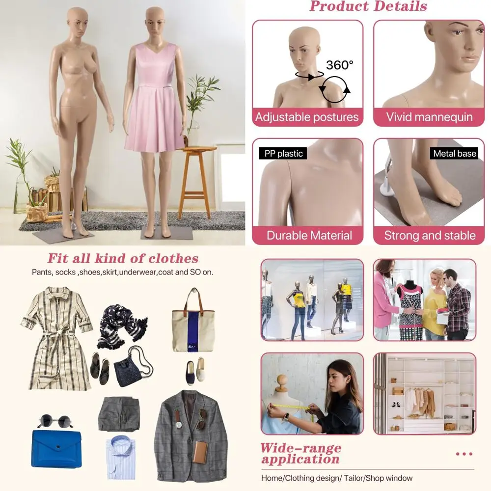 

69 Female Mannequin Dress Form Full Body Model Stand with Metal Base for Display Realistic Head Turns Women's Clothing Showcase