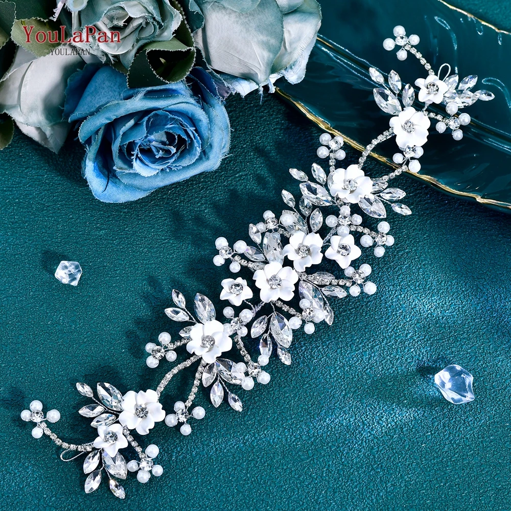 

YouLaPan Wedding Flower Hairband Bride Crystal Pearl Headband Hair Jewelry Party Hair Accessories Handmade Headwear HP945