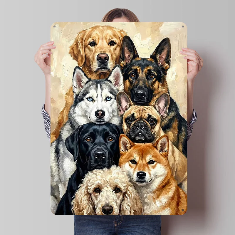 Group Portrait of Various Dog Breeds Poster Customized Vintage Metal Signs Wall Art Retro Tin Plaque for Room Decoration Decor