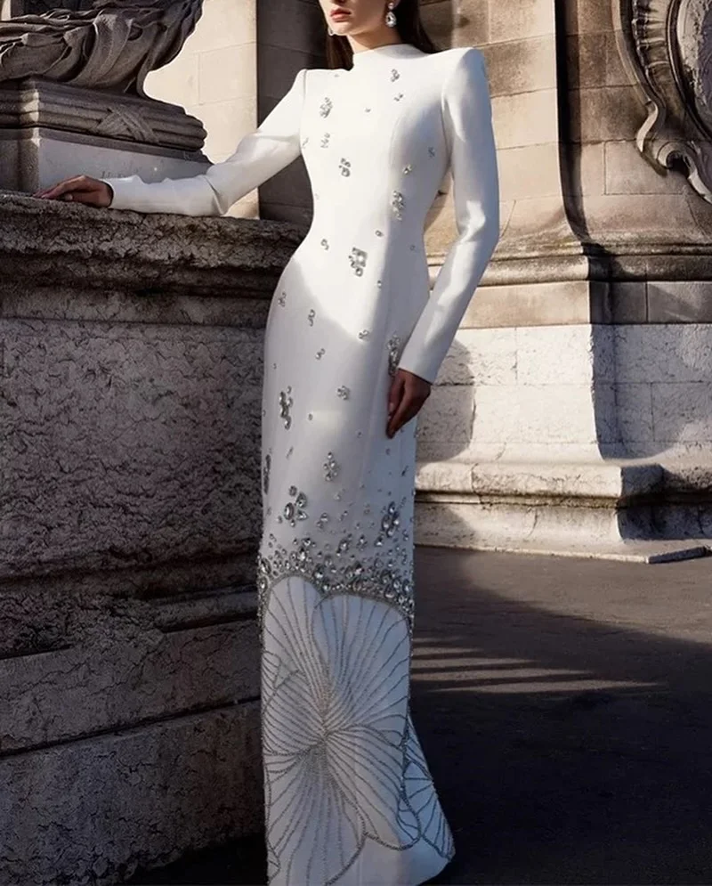 

Роскошное джерси трапециевидной формы с кристаллами и цветами по индивидуальному заказу, вечернее платье, темперамент, с длинными рукавами и круглым вырезом, длиной до пола, платья знаменитостей