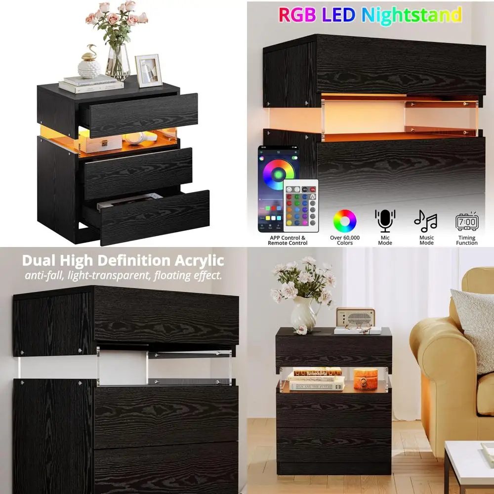 

Modern LED-lit Nightstand with Storage Drawers, Black Contemporary Bedside Table for Bedroom