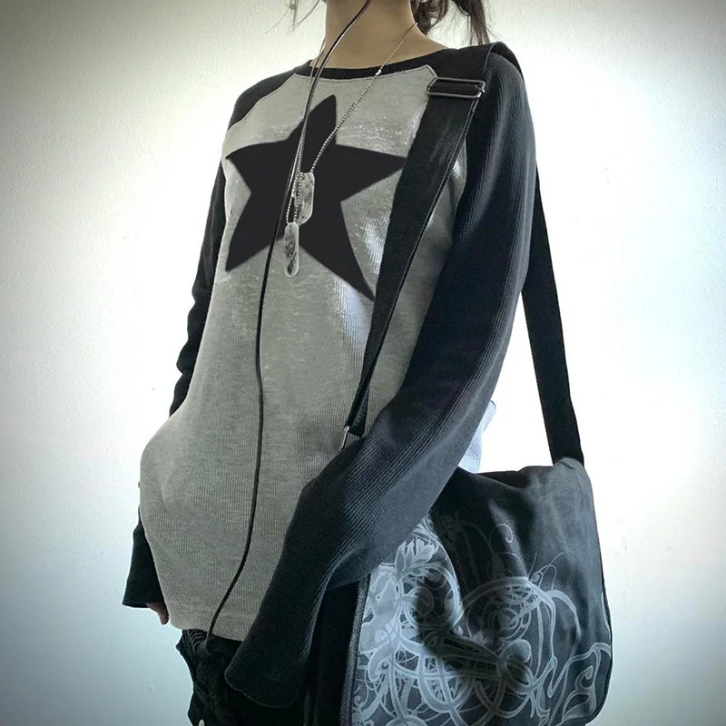 Hip Hop Y2k Star Graphic Long Sleeve Tshirt Women New Fashion Harajuku Emo Shirt Streetwear 2000s Aesthetic Vintage Clothes Girl