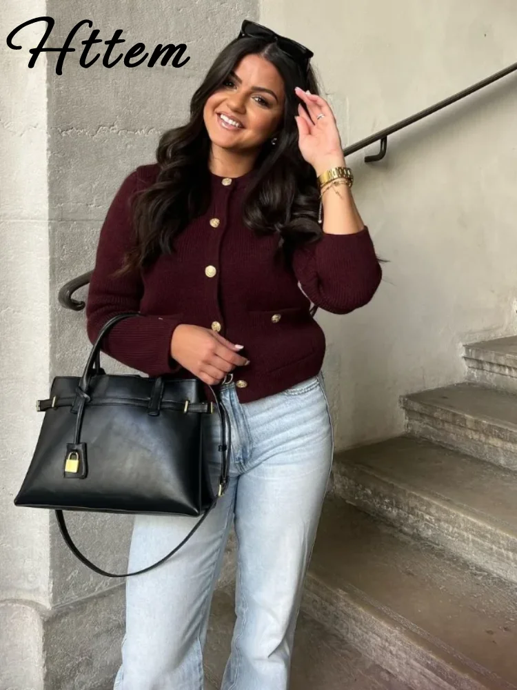

Knit Burgundy Women's Cardigans O-neck Single-breasted Long Sleeve Pocket Sweaters 2024 Autumn New Lady All-match Knitwear