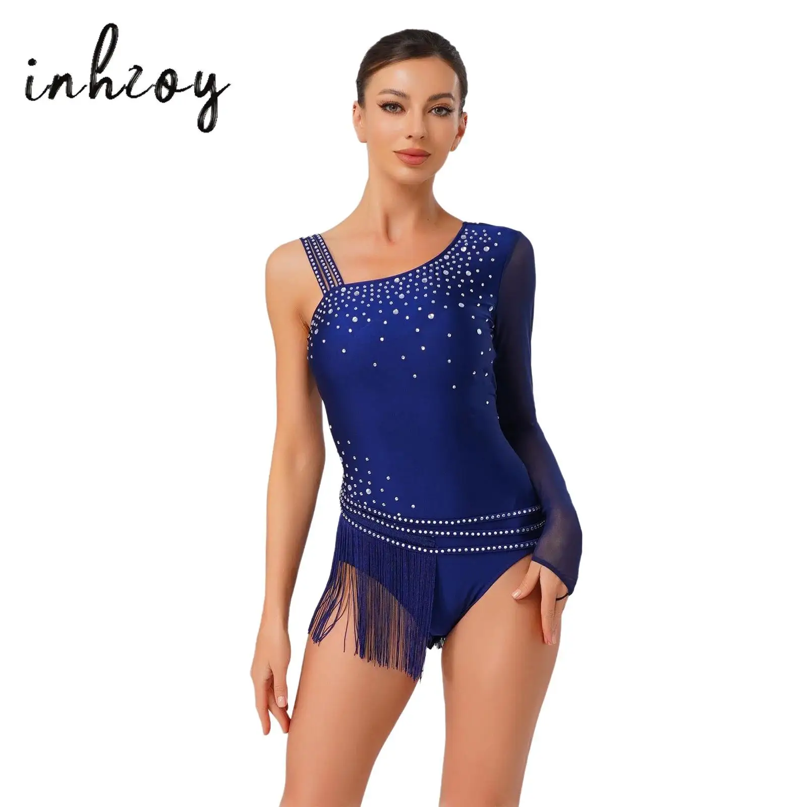 

Womens Gymnastics Figure Skating Leotard Asymmetric Shoulder Glittery Rhinestone Tassel Fringe Bodysuit Latin Jazz Dancewear