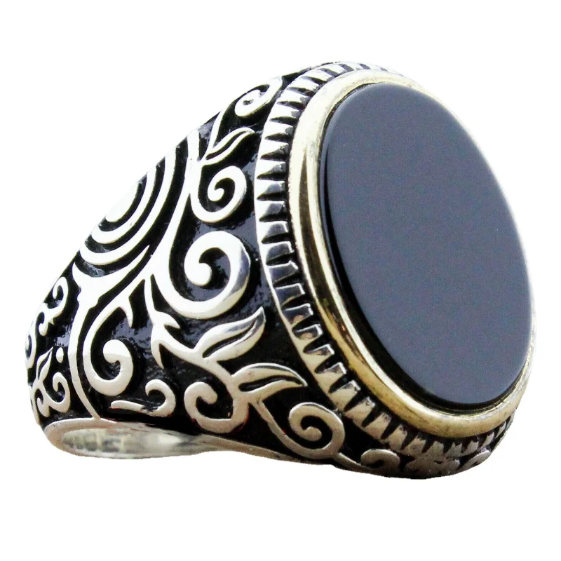 New Fashion Flat Black Crystal Carved Pattern Men\'s Ring European and American Ring Jewelry