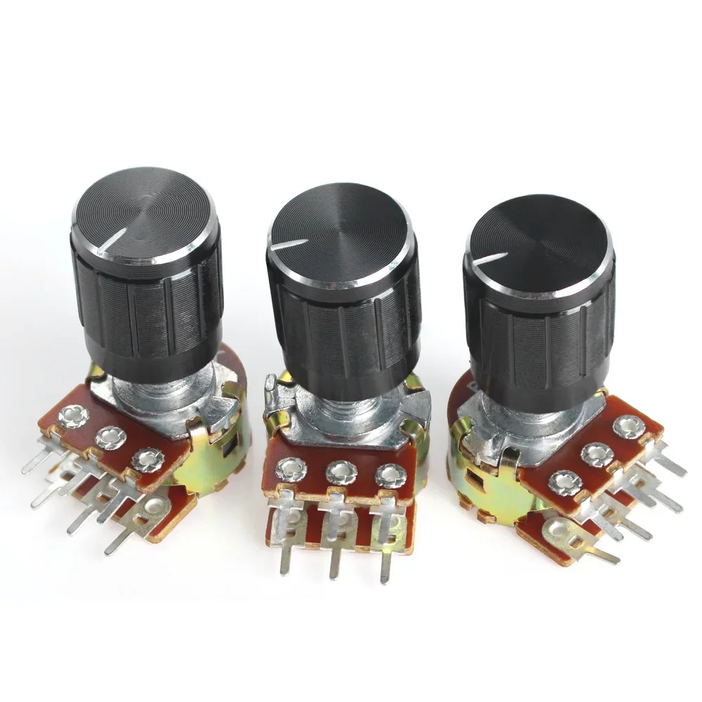 5Set WH148 Potentiometer Kit with Black Knob Caps 15MM 6Pin 1K 2K 5K 10K 20K 50K 100K 250K 500K 1M 15x17mm Knob Potentiometers