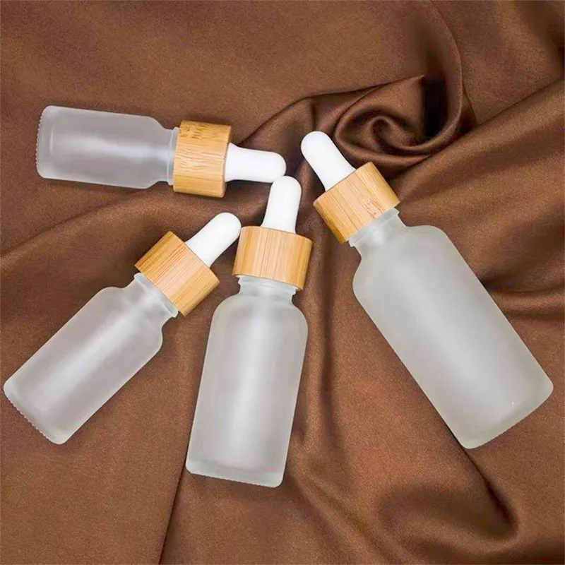 5-100ML Frosted Glass Dropper Bottle With Bamboo Wood Cap Empty Container For Essential Oil Cosmetic Skin Care Pipette Packaging