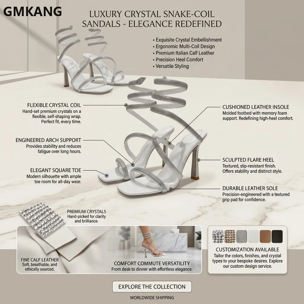GMKANG Women Square Toe High Heel Sandals, Bling Crystal Ankle Wrap Stiletto Heels, Summer Sexy Gladiator Sandals for Party