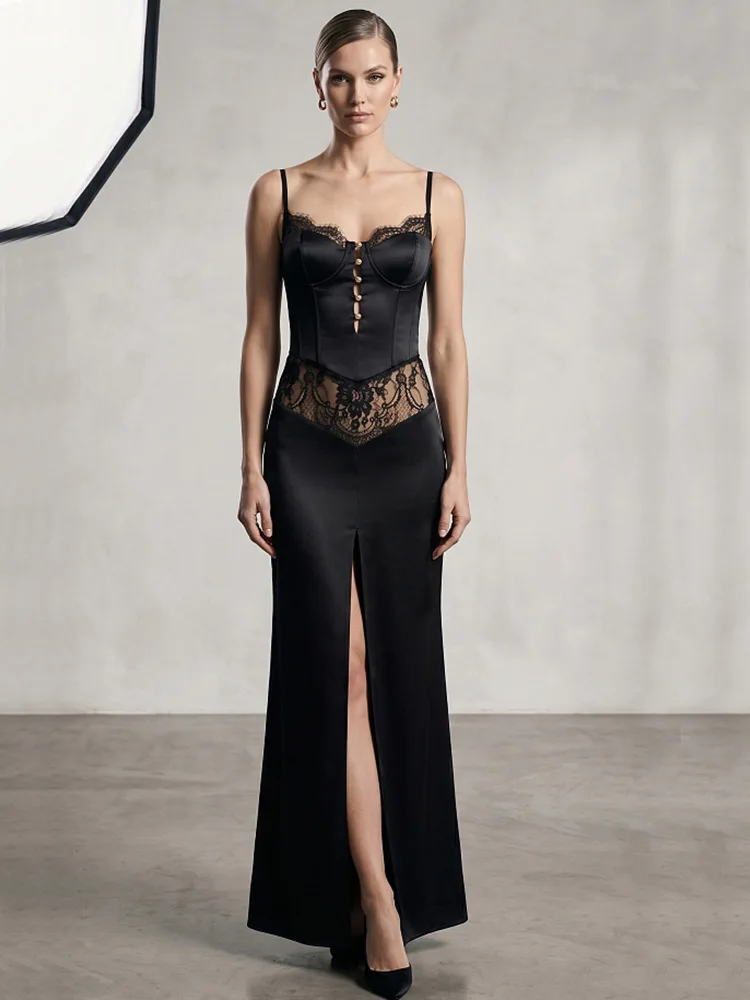 

Women's Sexy Sleeveless Lace Patchwork High Split Black Dress for Party Bar Nightclub Stage Performance 2026 New Costume