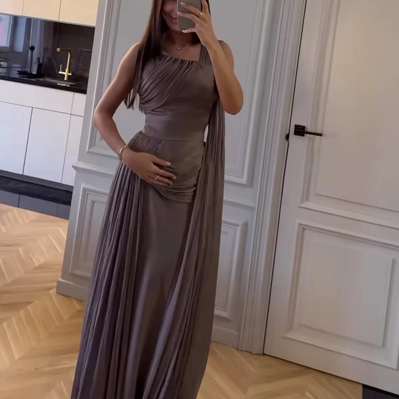 Women Fashion Cross Pleat Fluttering Long Dress Casual Sleeveless Lace-Up Party Dress Elegant Irregular Neck Satin Evening Dress