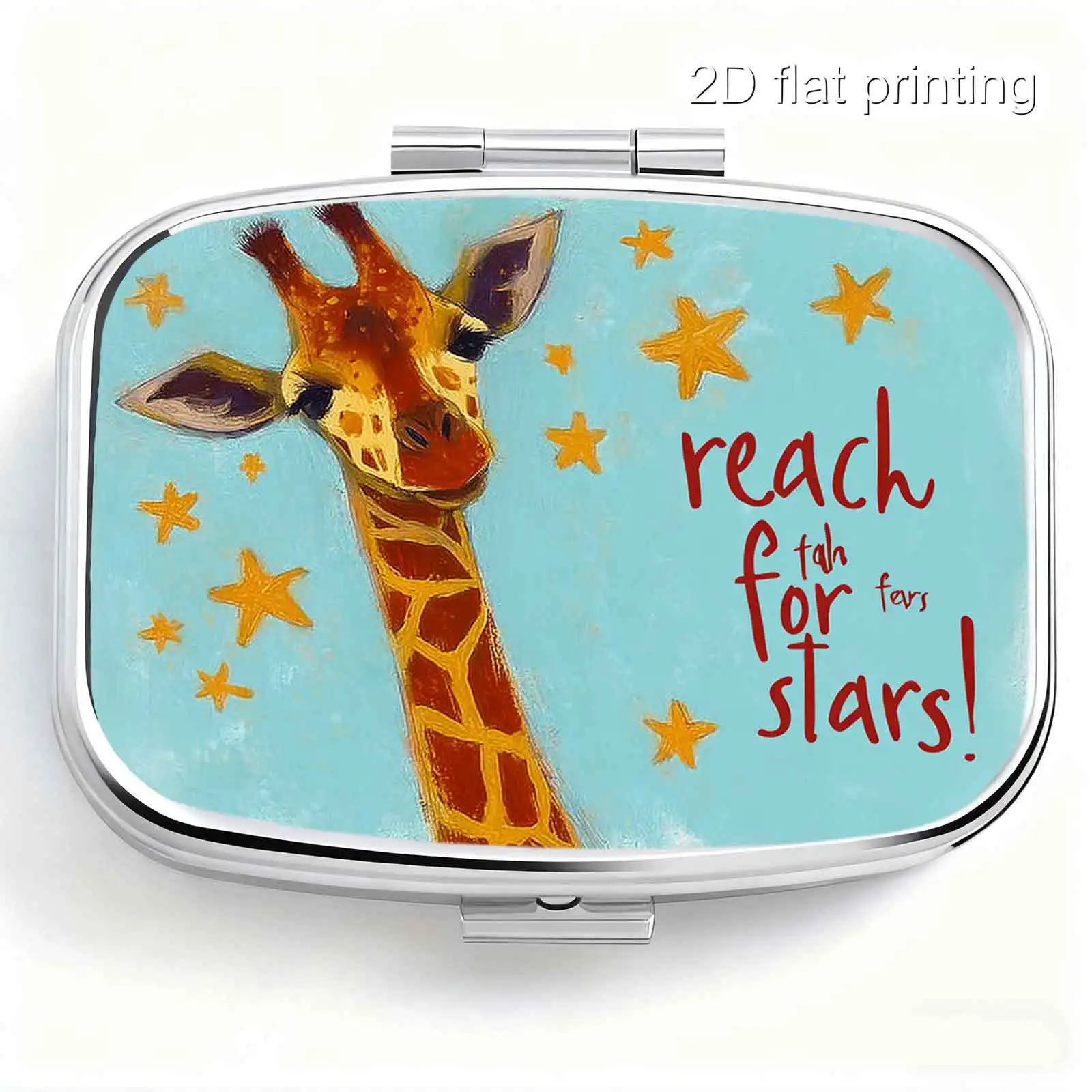 Light Blue Background with Hand-Painted Giraffe, Stars, Inspirational Text, and Oil Painting Motifs, Square Two-Compartment Small Pill Box, Portable Medicine Storage, Small Jewelry Storage, Suitable for Handbags or Travel, Holiday Gifts, Souvenirs, Prizes, Small Gifts, for Personal Use or as an Exquisite Gift