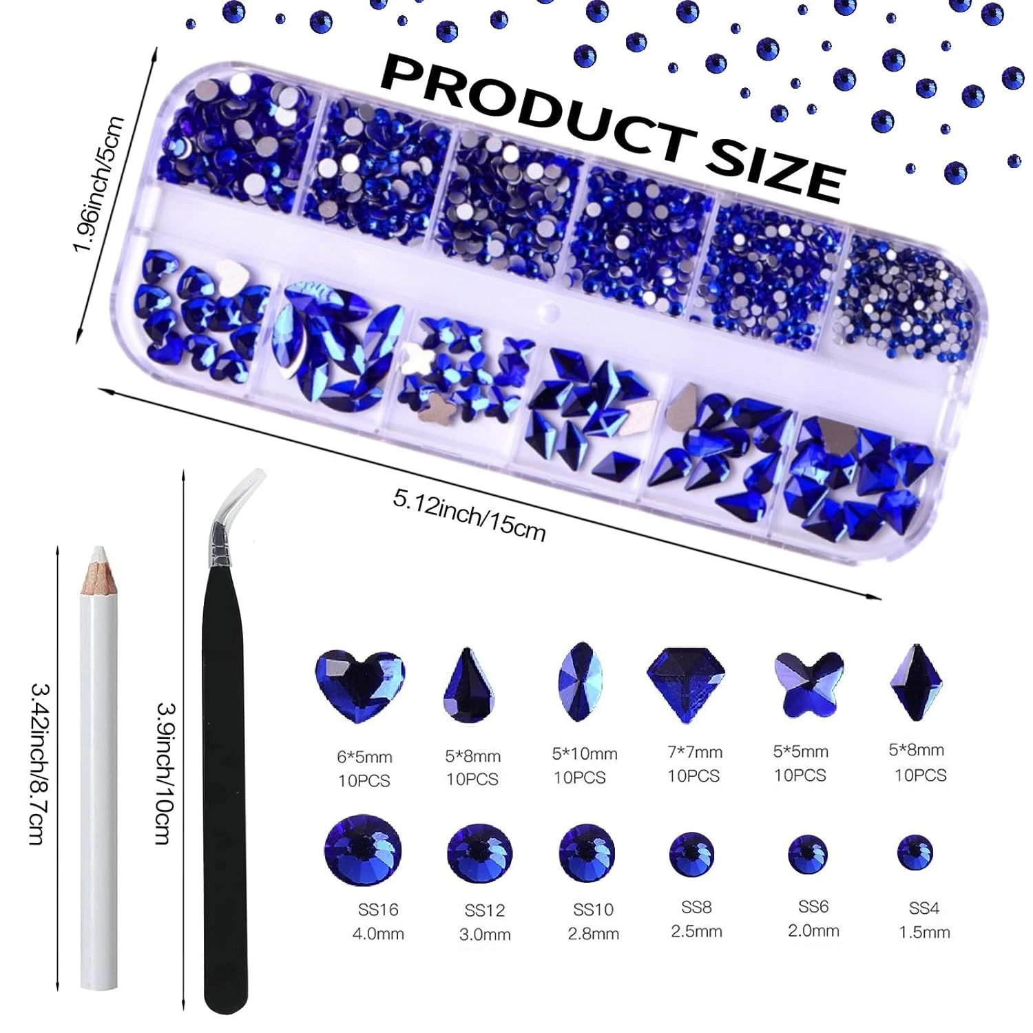12 grades de strass azul real para decoração de unhas, fundo plano, formato especial, acessórios para unhas com pinça, caneta de broca