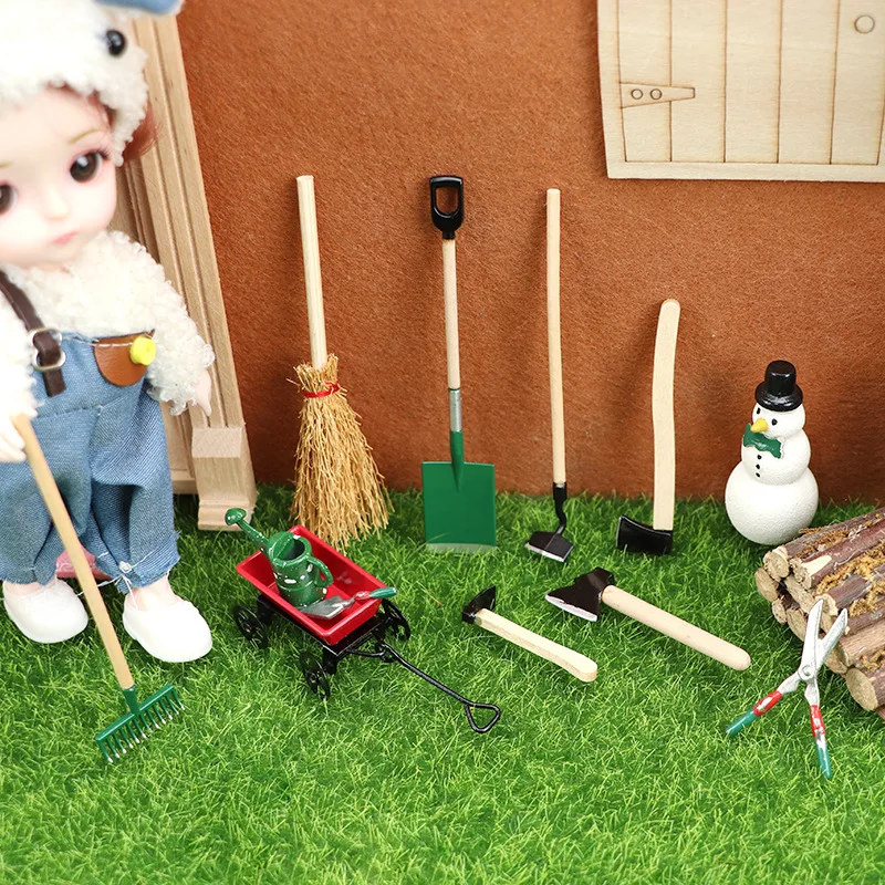 1:12 Miniature Garden Tool Set Ax Shovel Pull Cart Besom Watering Pot Boot Simulation Model Doll House Ornament Accessories