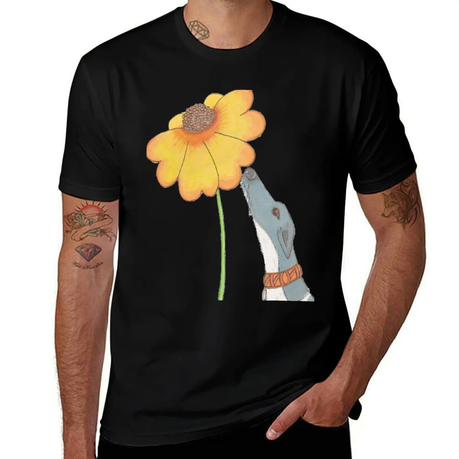 

Just Sniffing Sunshine - Greyhound Sniffing a Yellow Flower T-Shirt funny t shirts man t shirts for man graphic vintage T-shirt