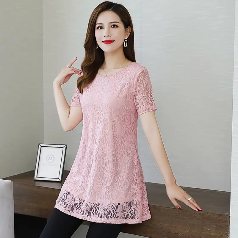 Summer New Lace Asymmetrical T Shirts Short Sleeve Round Neck Solid Color Loose Tops Tees Elegant Fashion Women Clothing