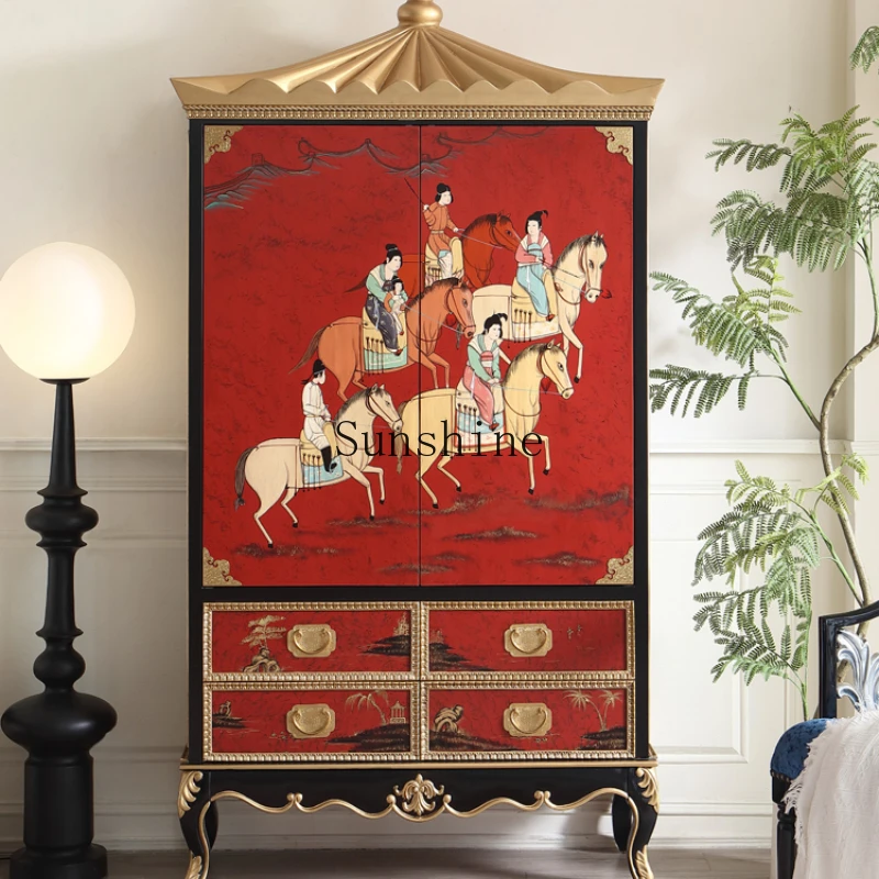 

New Chinese hand-painted lady villa solid wood double door high foot display cabinet living room storage decorative cabinet