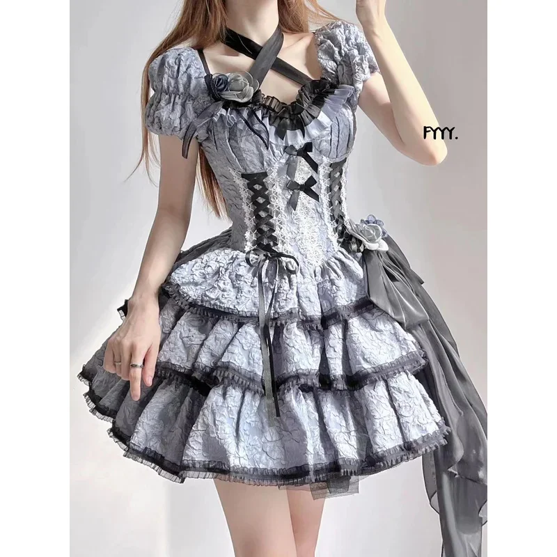 Star Sleepless Lolita Medea Kiss op Dark Blue Gothic Three Section Dog Short Spring/Summer Short Sleeve Dress