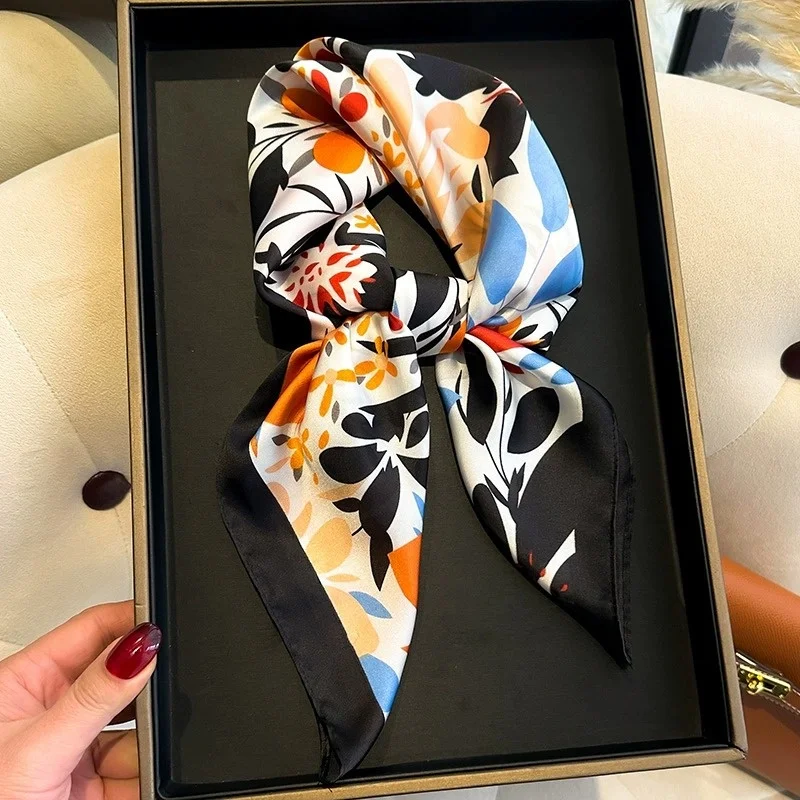 Luxury Brand 2025 Floral Print Square Silk Scarf for Women Hijab Hair Bands 70cm Neckerchief Female Satin Shawl Ribbon Headband image 4