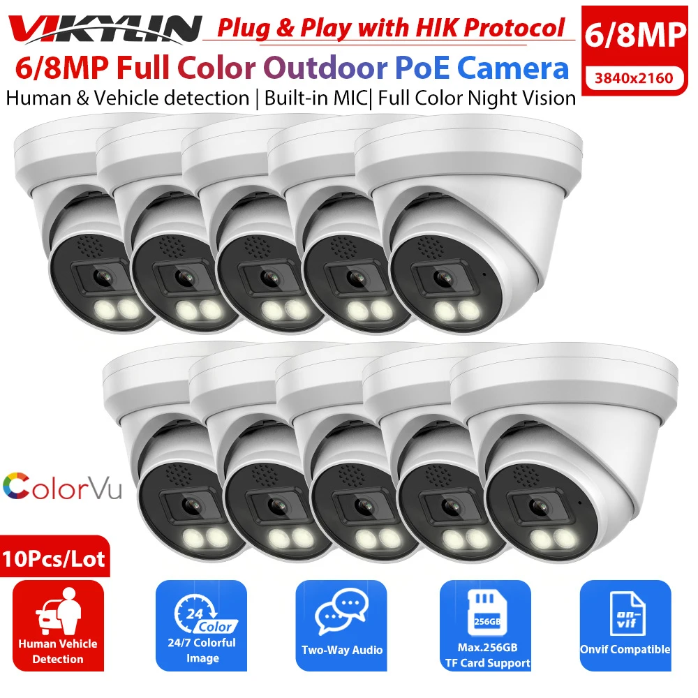 Vikylin 8MP ColorVu Security Camera 4K Hik Protocol Onvif POE Human Vehicle Detection Two Way Talk SD Outdoor Dome Cam 10Pcs