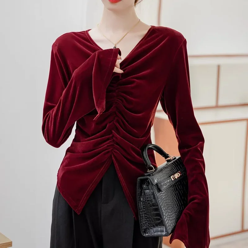 เสื้อเชิ้ตกำมะหยี่สีทองแบบผูกคอทรงเข้ารูป ดีไซน์จีบแบบฝรั่งเศส สำหรับผู้หญิง รุ่น Autumn Design