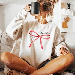 Red Bow Coquette Christmas Sweatshirts, Merry Christmas Sweatshirt, Coquette Pullovers for Holidays, Women Xmas Sweatshirts