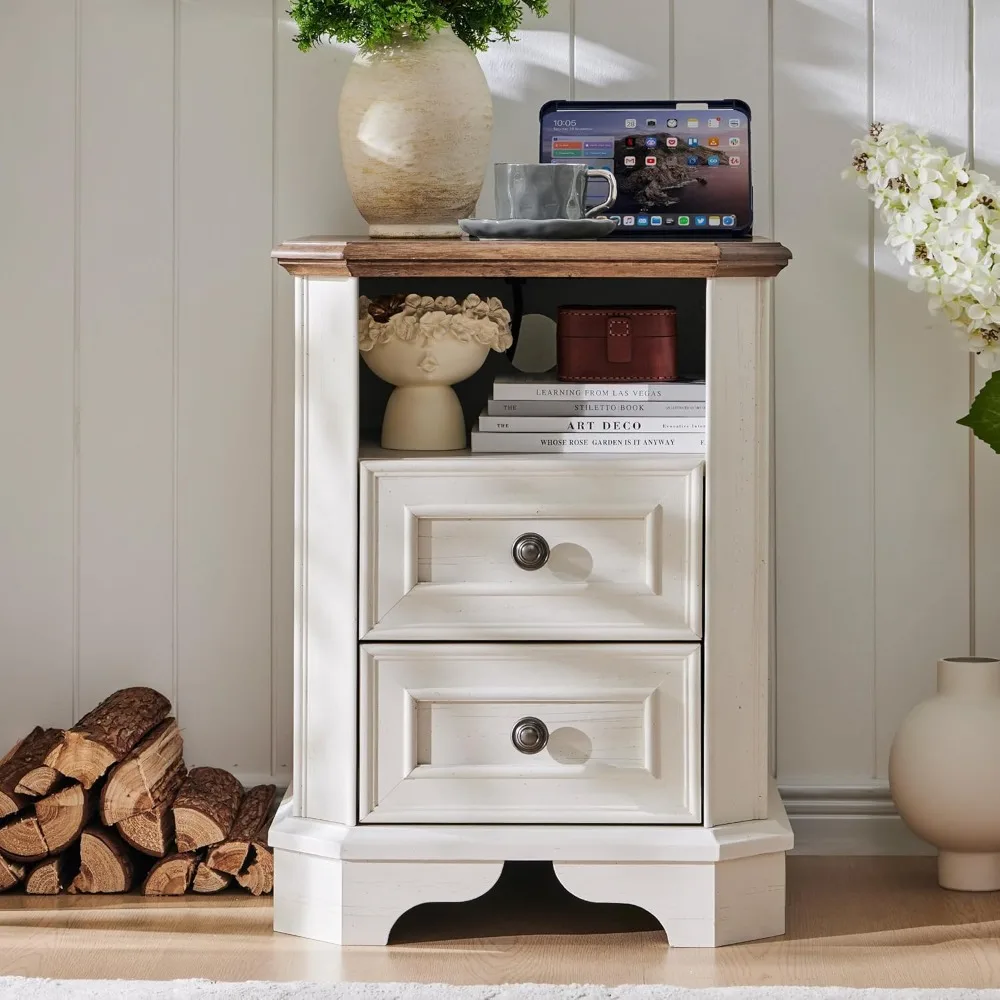 

Farmhouse Nightstand with Charging Station, 18" End Table with 2 Drawers, Wood Side Table, Bedside Cabinet for Bedroom