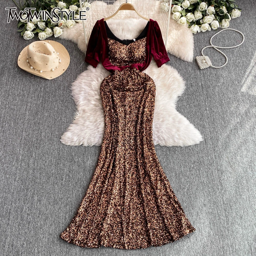 

TWOTWINSTYLE Patchwork Sequins Mermaid Dress For Women Round Neck Short Sleeve High Waist Bodycon Slim Dresses Female KDR520154