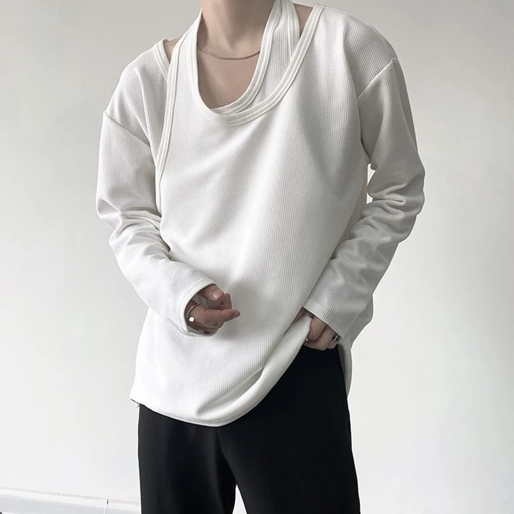 

Autumn Fashion Personality Fake Two-Piece Double-Layer Collar Niche Long-Sleeved T-Shirt Men'S Korean Version Inner Design Top