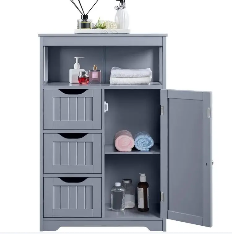 Moderner Badezimmer-Chrank mit 3 Schubladen, 1 Tür und Öffnungslehne, Freistehender-Chrank für Badezimmer Zwecke