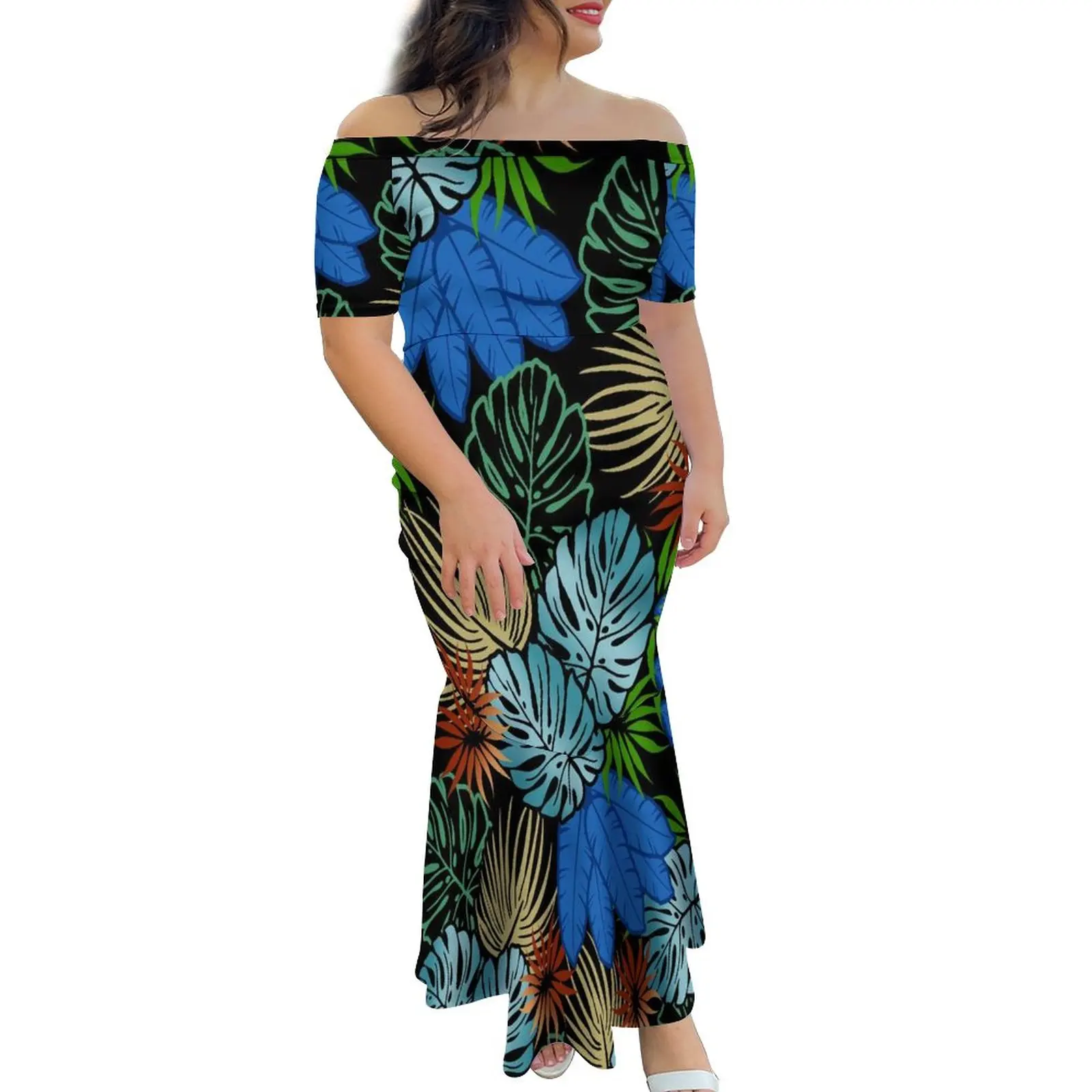 HD Print Hibiscus Custom On Demand Half Shoulder Fishtail Dress Tongan Style Polynesian Pacific Island Art One Shoulder Dress