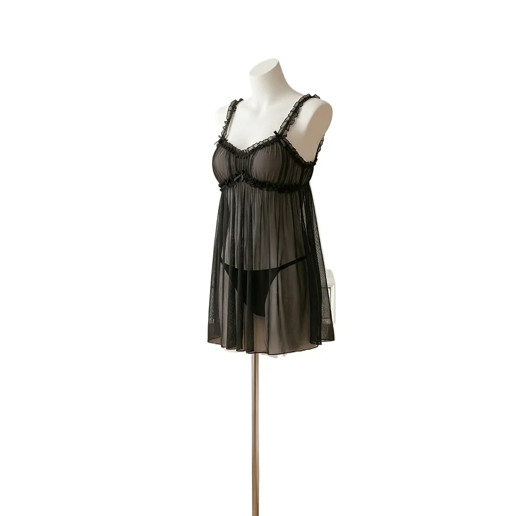 Women's Black Sheer Mesh Babydoll Lingerie  Featuring Ruffle Trim and Frill Straps,  Sleepwear for Honeymoon and Wedding Night