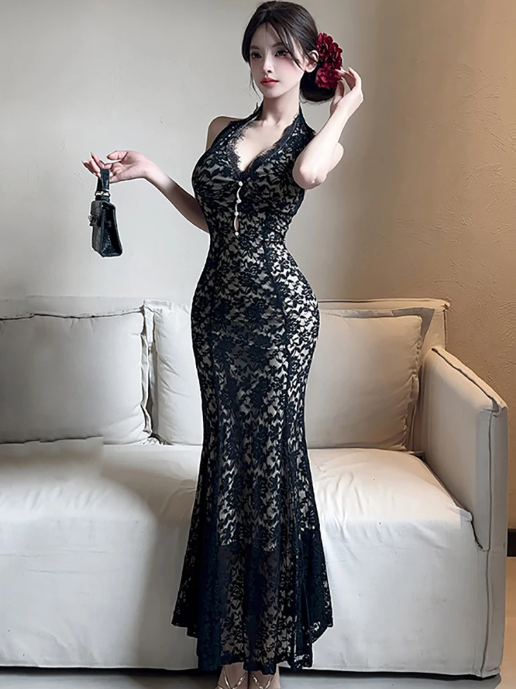 Sommer Schwarz Spitze Jacquard Diamanten Neck-montiert Sexy Lange Kleid Frauen Vintage Luxus Abendkleid 2025, Koreanische Bodycon Vestidos