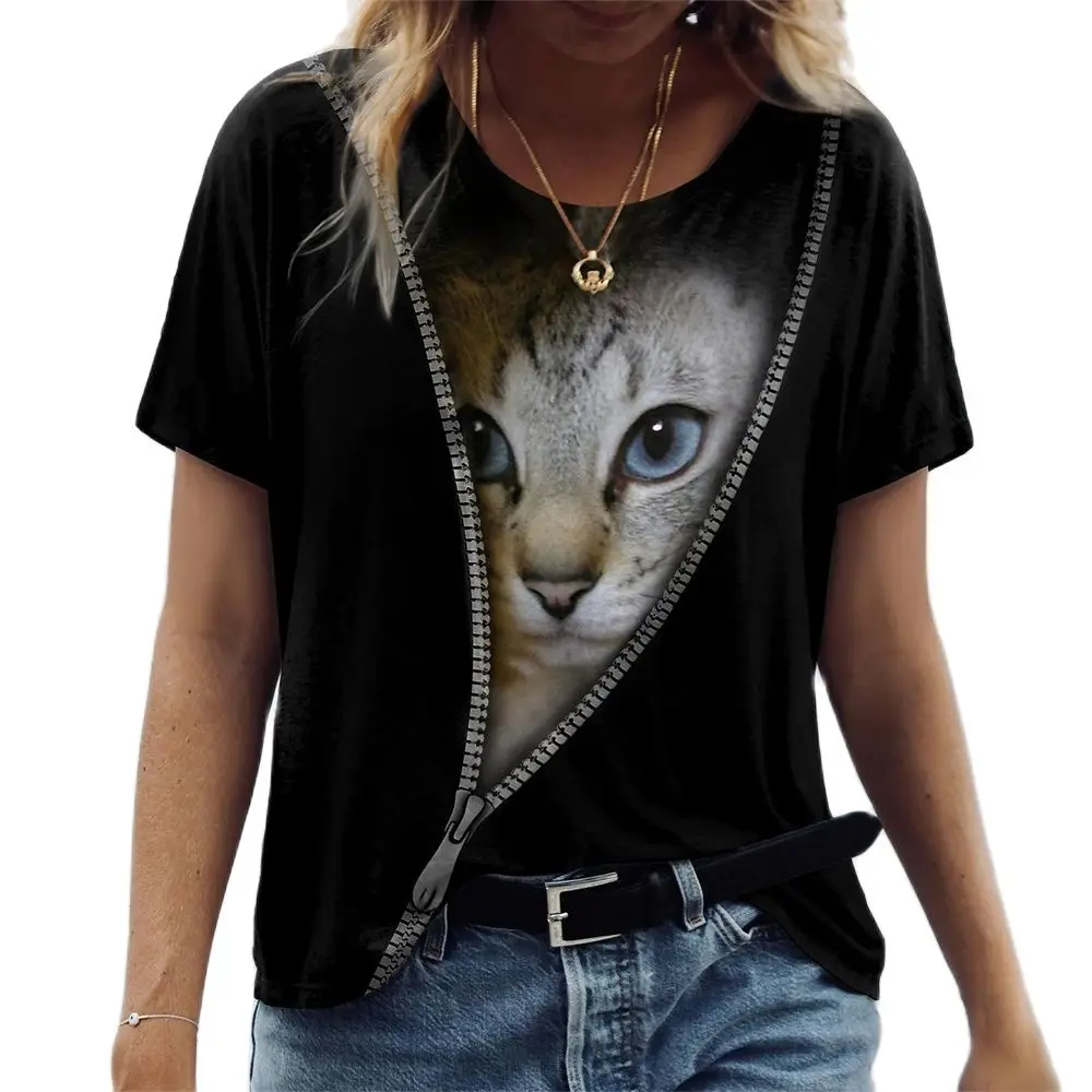 Camisetas de manga corta con estampado de gato Kawaii en 3D para mujer, Tops divertidos con cuello redondo informales, ropa holgada de gran tamaño