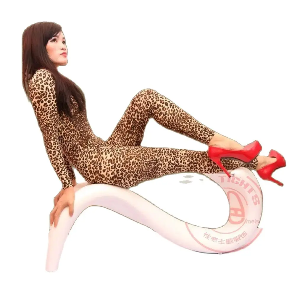 Womans Leopard Print Jumpsuit Cosplay Body Shaper Underwear Tight Zentai Zipper Open Crotch Sexy Bodysuit Catsuit Stage Onesies