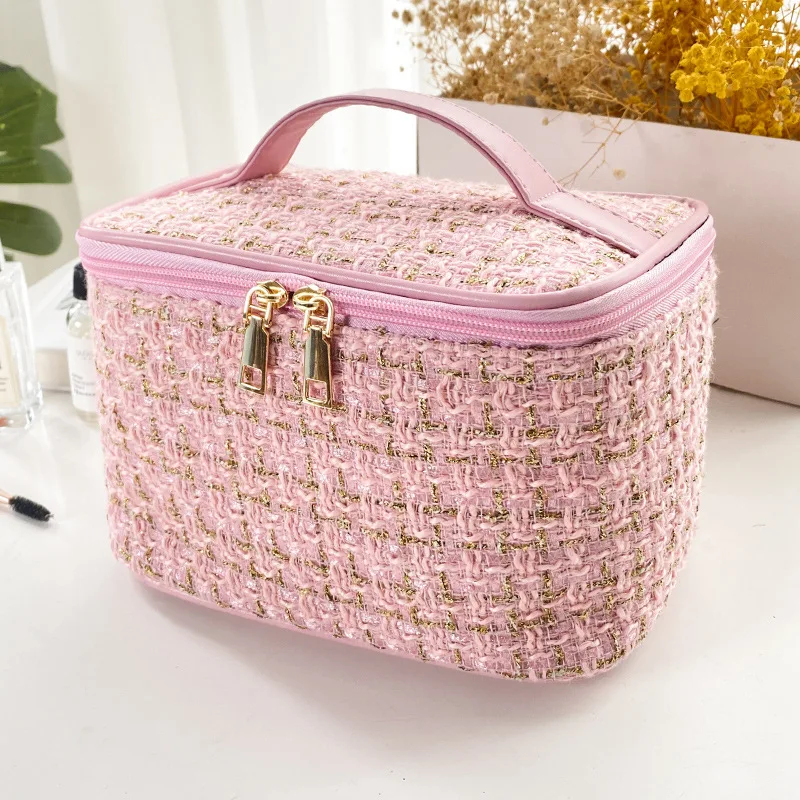 New Korean plaid portable small fragrance makeup bag Large capacity portable toiletry storage bag makeup box travel