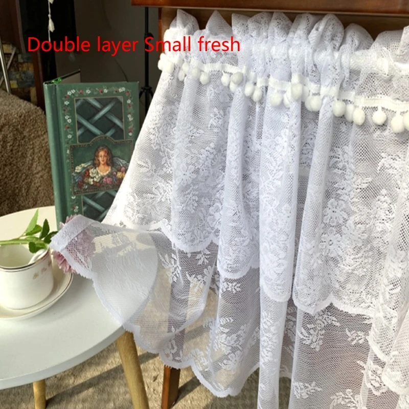 Rustic Double Layer Tulle Short Half Window Curtain Embroidered Floral Lace Rod Pocket Valance Drape with Hair Ball Trim