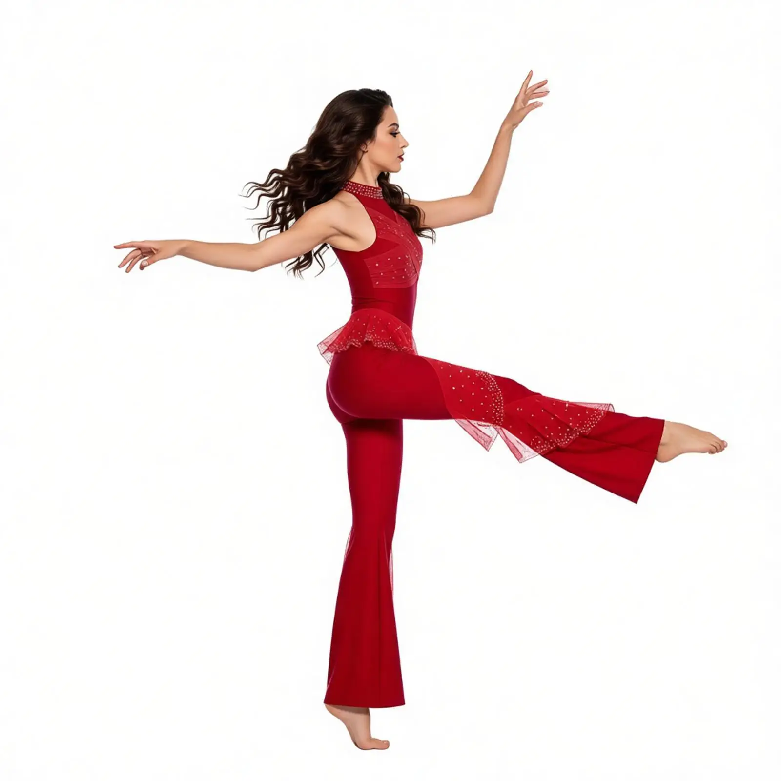 

Women Sparkling Rhinestones Gymnastics Dance Sleeveless Flared Rompers Ballet Dance Rumba Disco Stage Ballroom Dance Jumpsuit