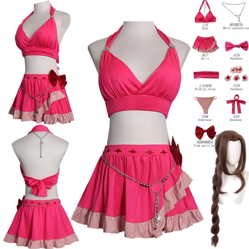 

Aerith Gainsborough Aeris Tifa Lockhart Game Final Cosplay Fantacy Pink Swimsuit Dress Woman Girl Wig Halloween Event Clothes