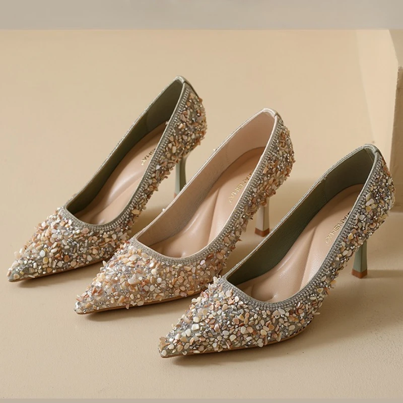 

Роскошные пикантные женские туфли на высоком каблуке с острым носком и стразами, элегантные офисные туфли на мелкой подошве, модельер, свадебное платье, туфли для вечеринок