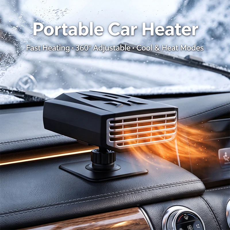 12V Portable Car Heater Fast Heating Defroster 360° Rotatable Cool Warm Fan 1.2m Cable Suction Bracket Auto Windshield Defogger