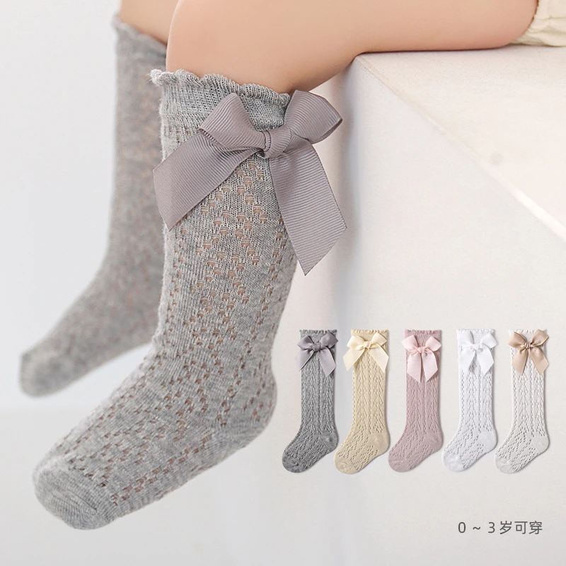 Baby Socks, Spring and Summer Mesh High Tube Korean Version Princess Socks, Breathable Thin Style, Sweet Bow and Loose Mouth