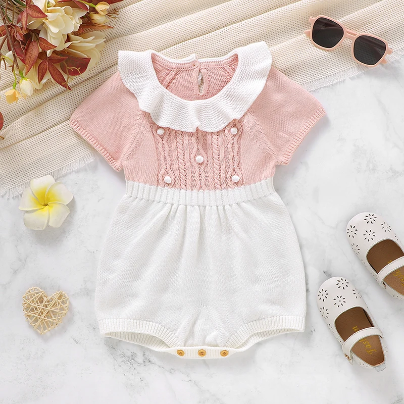 Baby Bodysuit Cotton Knit Infant Girl Jumpsuit Short Sleeve Summer Newborn Kid Clothing 0-18M Fashion Ruffles Overalls Playsuit